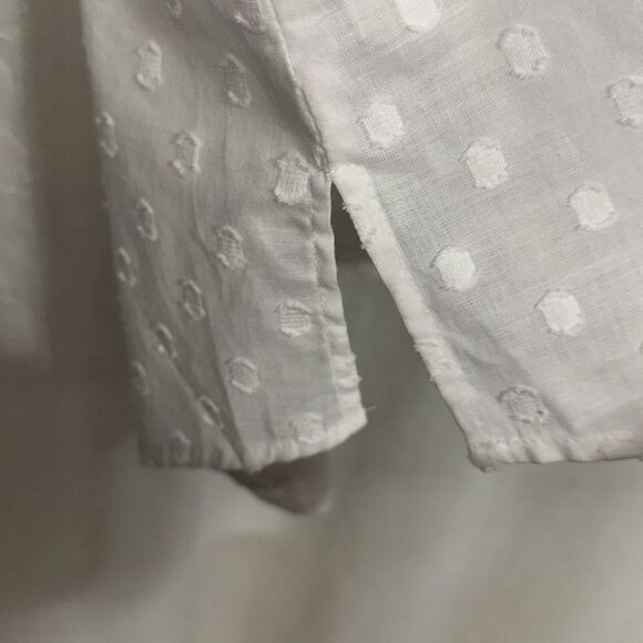 Van Heusen L White Cotton Swiss Dot Long Tab Roll up Sleeve V-Neck Top - Picture 10 of 14